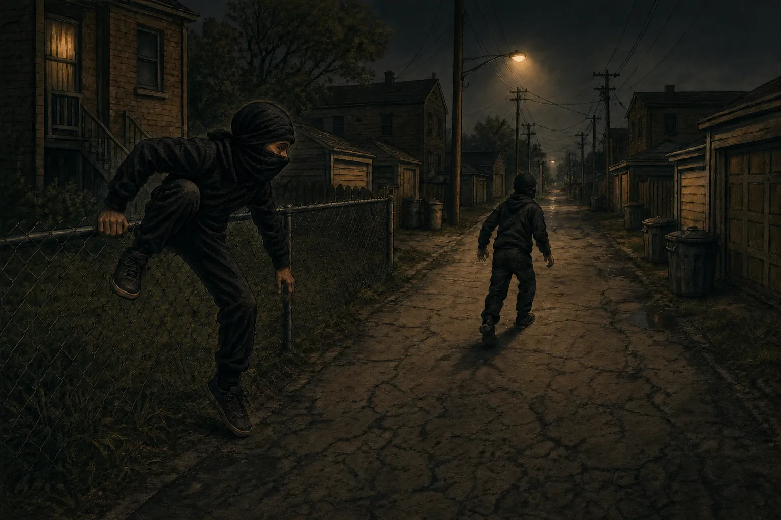A boy dressed as a ninja climbing a chain-link fence in a dark alley while another walks ahead under a streetlight.