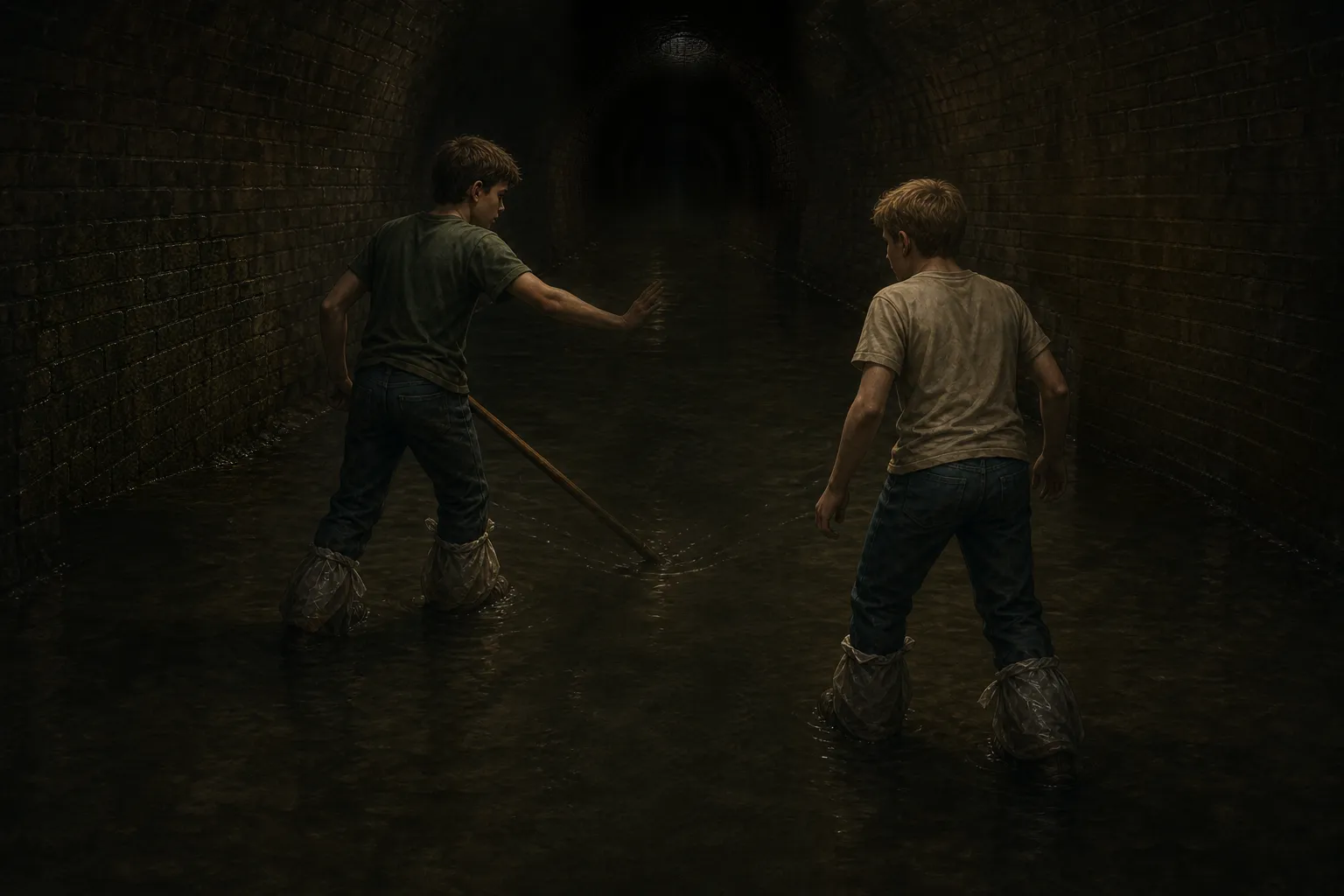Two boys wading through a dark sewer tunnel, one probing the water ahead with a pole.